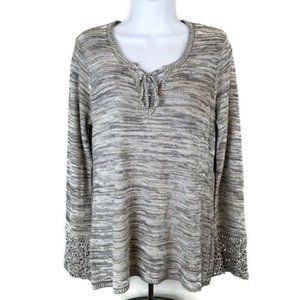 New Directions Tan Brown Lace Up Neckline Long Crochet Cuff Sweater Womens XL